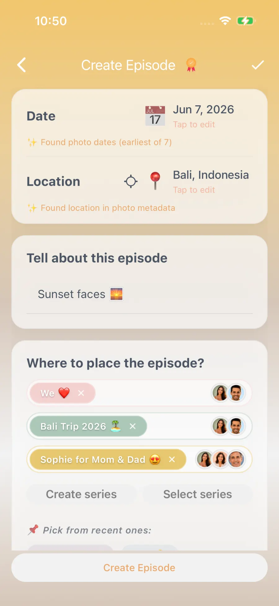 Create Episode screen with date, location, and series