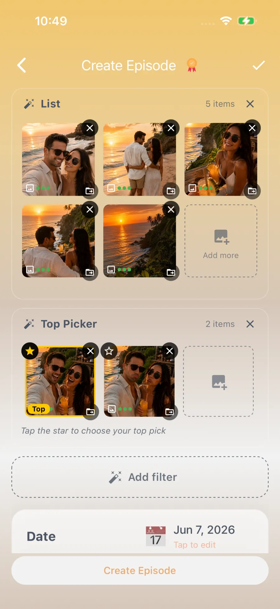 Create Episode photo list and top picks