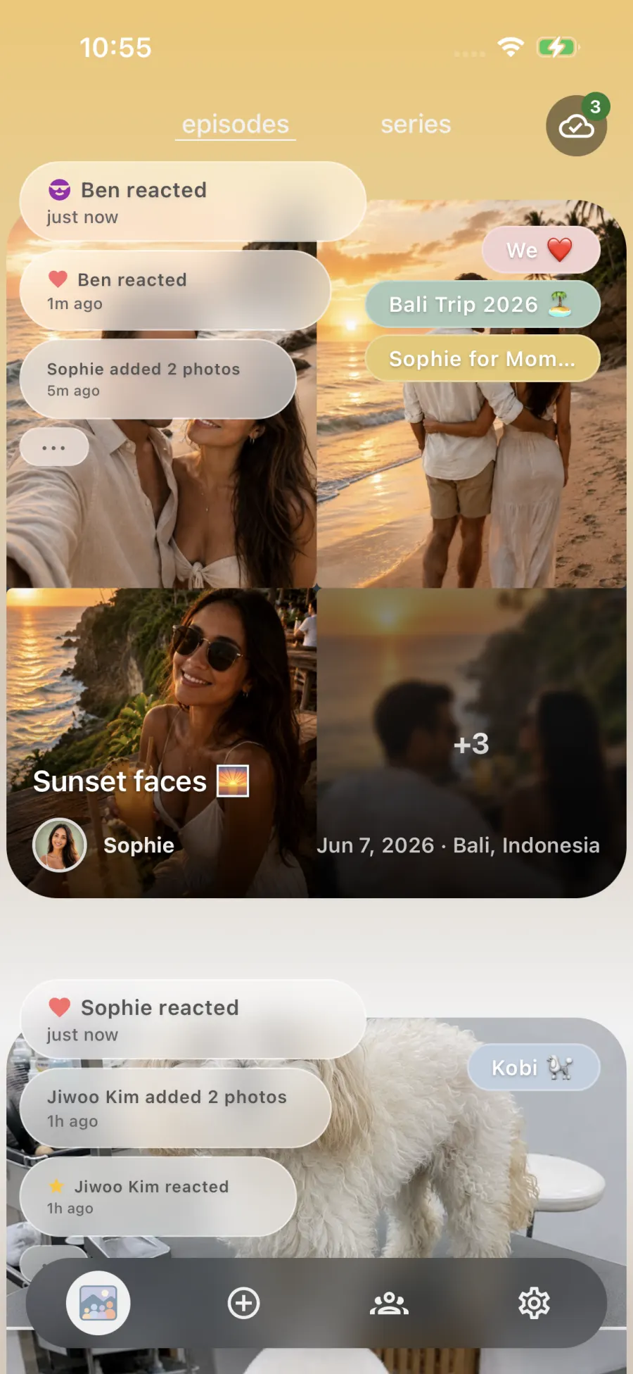 Episodfy episodes wall with a Bali trip collage